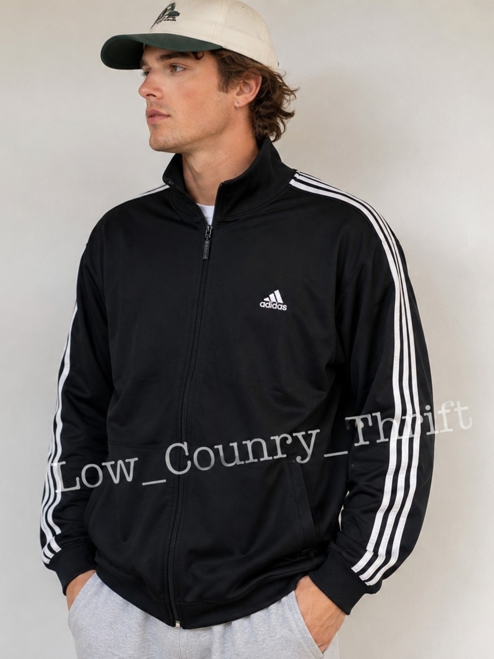 adidas Men's XL Black Tricot Track Jacket Full Zip 3 Stripe Athletic